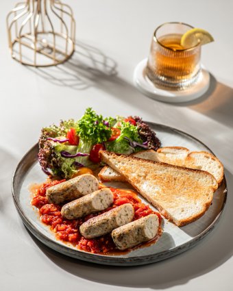 Free-range Chicken Kofta with Sourdough Bread, Olives and Tomato Sauce