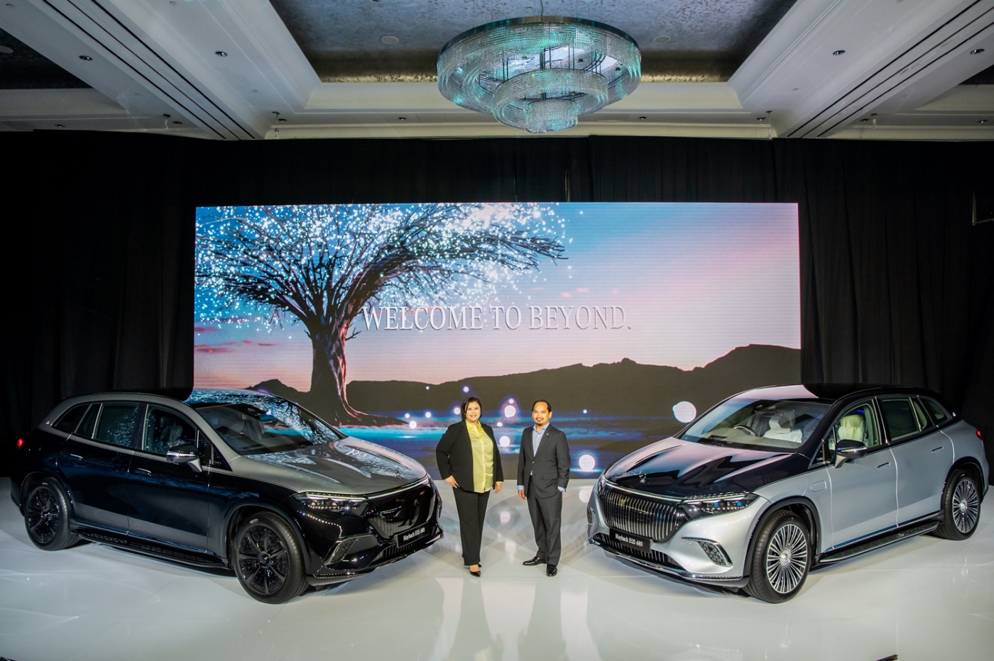 (L – R) Nadia Trimmel, VP Marketing & Sales, Mercedes-Benz Malaysia and Nadzir Bin Ab Razak, Head of Product Management & Planning, Mercedes-Benz Malaysia, presenting the first all-electric model from Mercedes-Maybach